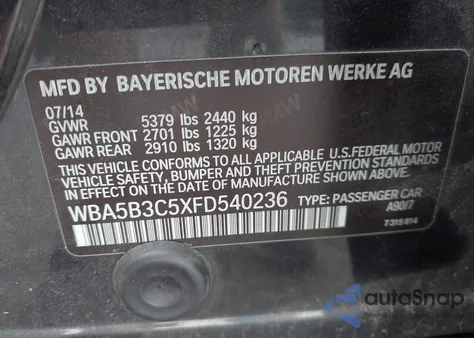 2015 BMW 535I xDrive из США, поврежденный, VIN WBA5B3C5XFD540236